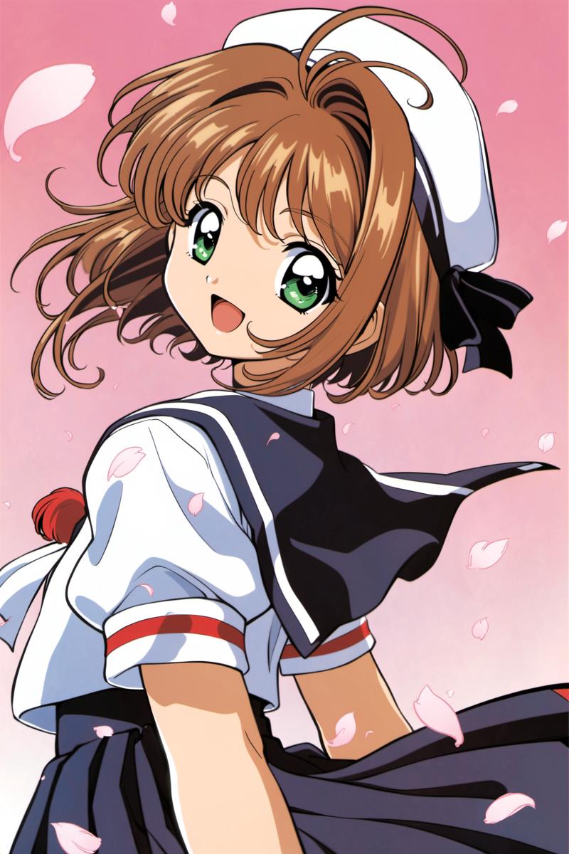 22041-1694605947-1girl, kinomoto sakura, solo,tomoeda elementary school uniform, green eyes, brown hair, skirt, school uniform, open mouth, hat,.png